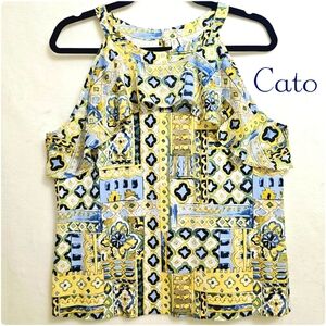 Cato, Flirty Ruffle Embellished Sleeveless Top, Blue & Yellow, Size Large